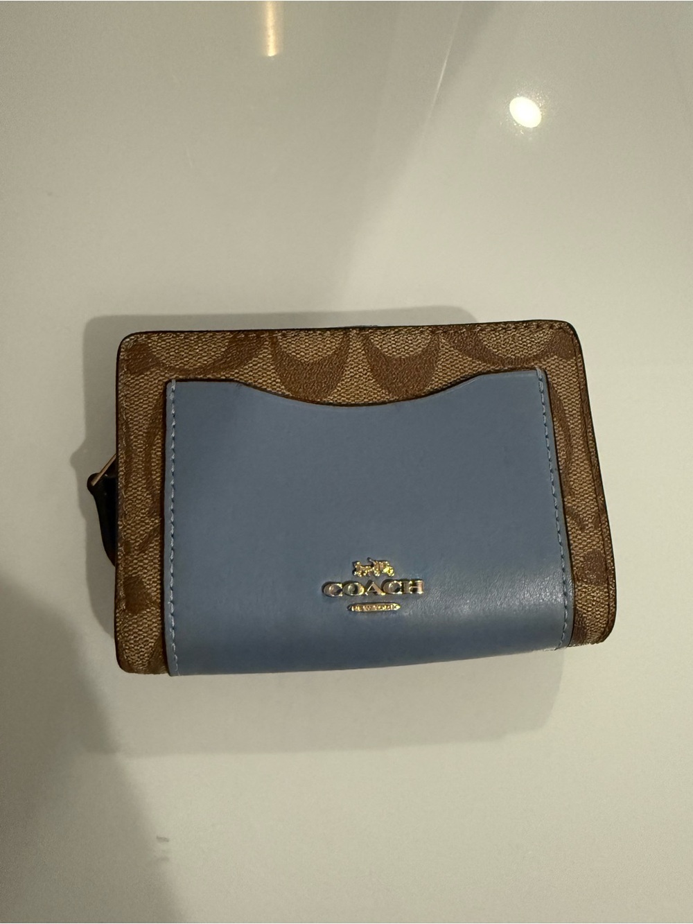 Coach Compact Card Holder in Blue and Brown Signature Canvas